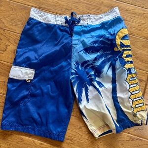 Corona Swim Trunks Men’s 34 Blue Gold Palm Tree Swimwear Board Shorts
